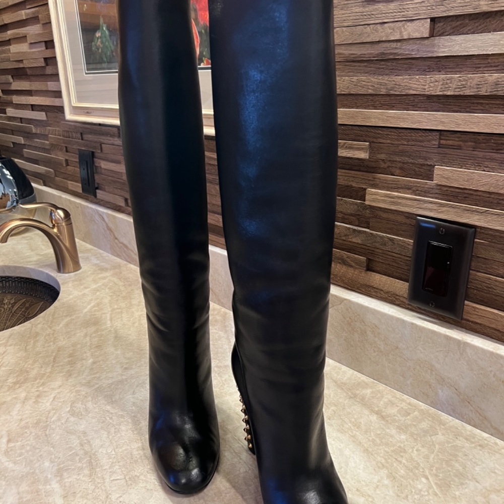 GUCCI Rodano black leather gold studded heel boots - Picture 5 of 14